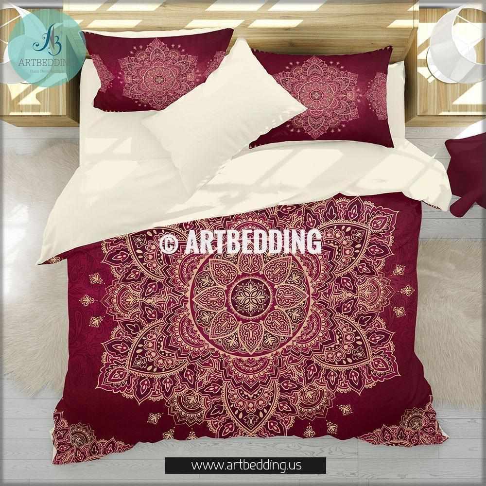 Mandala Bedding Burgundy Maroon And Gold Mandala Duvet Cover Set