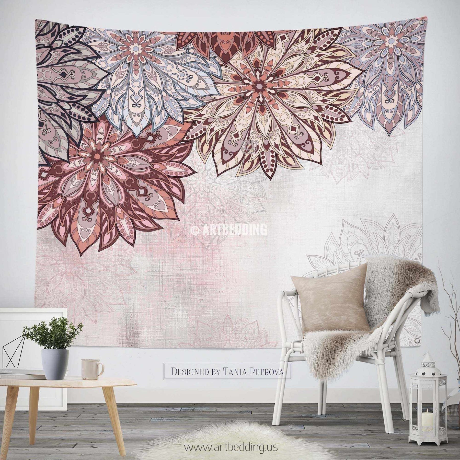 Mandala Tapestry, Pink and gray Mandala tapestry wall hanging, mandala