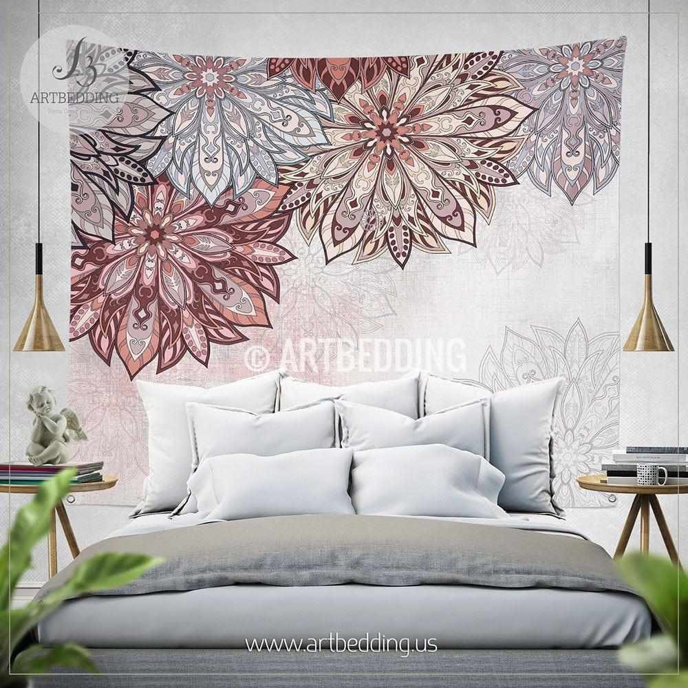 Mandala Tapestry, Pink and gray Mandala tapestry wall hanging, mandala ...