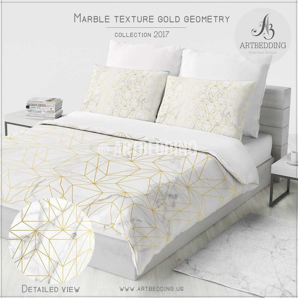 Marble And Gold Geometry Duvet Cover White Natural Marble