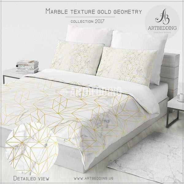 Marble and gold geometry Duvet cover, White natural marble