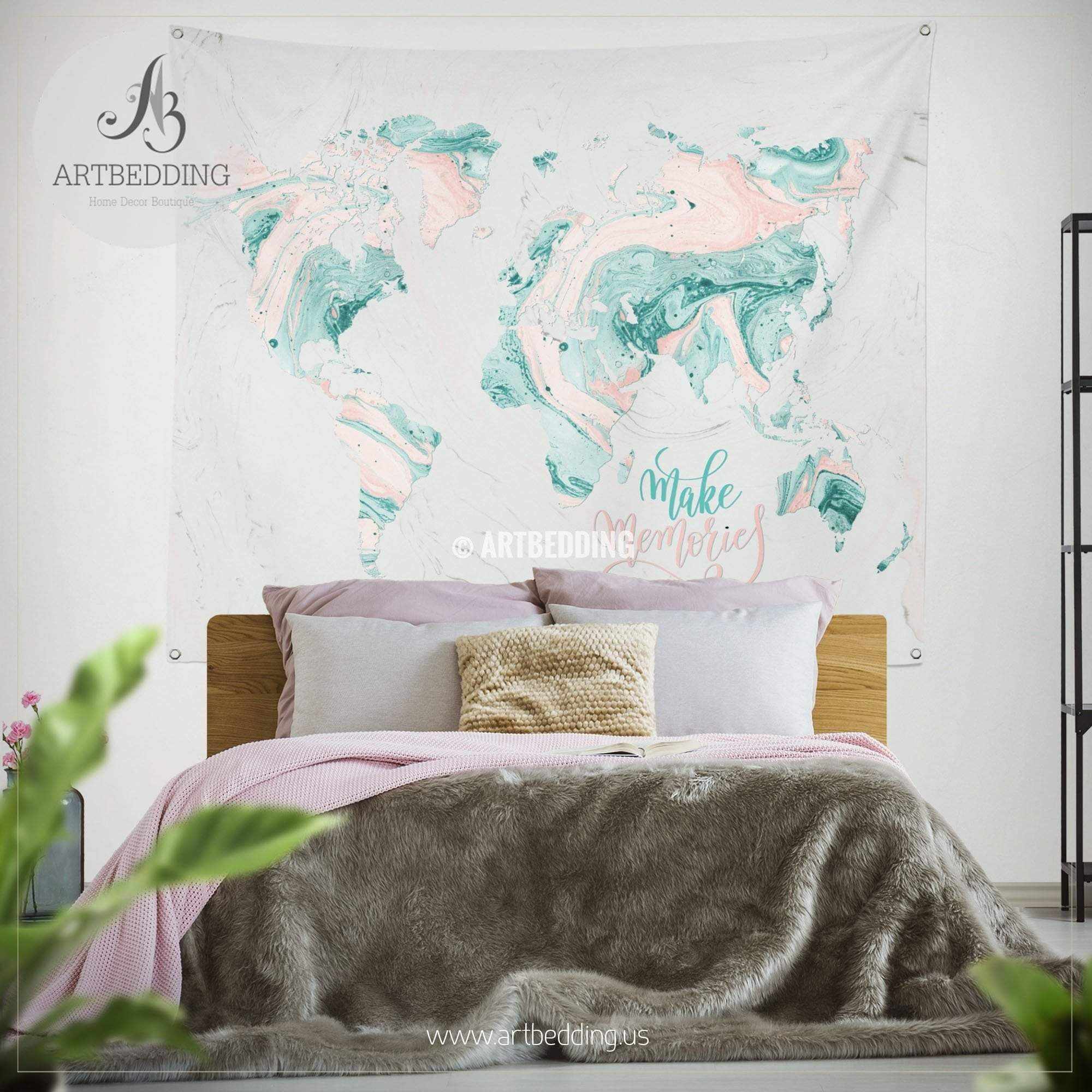 Marble Map Bedding Teal And Blush Pink Marble Abstract Art World Map Duvet Cover Set Marble Map Comforter Set