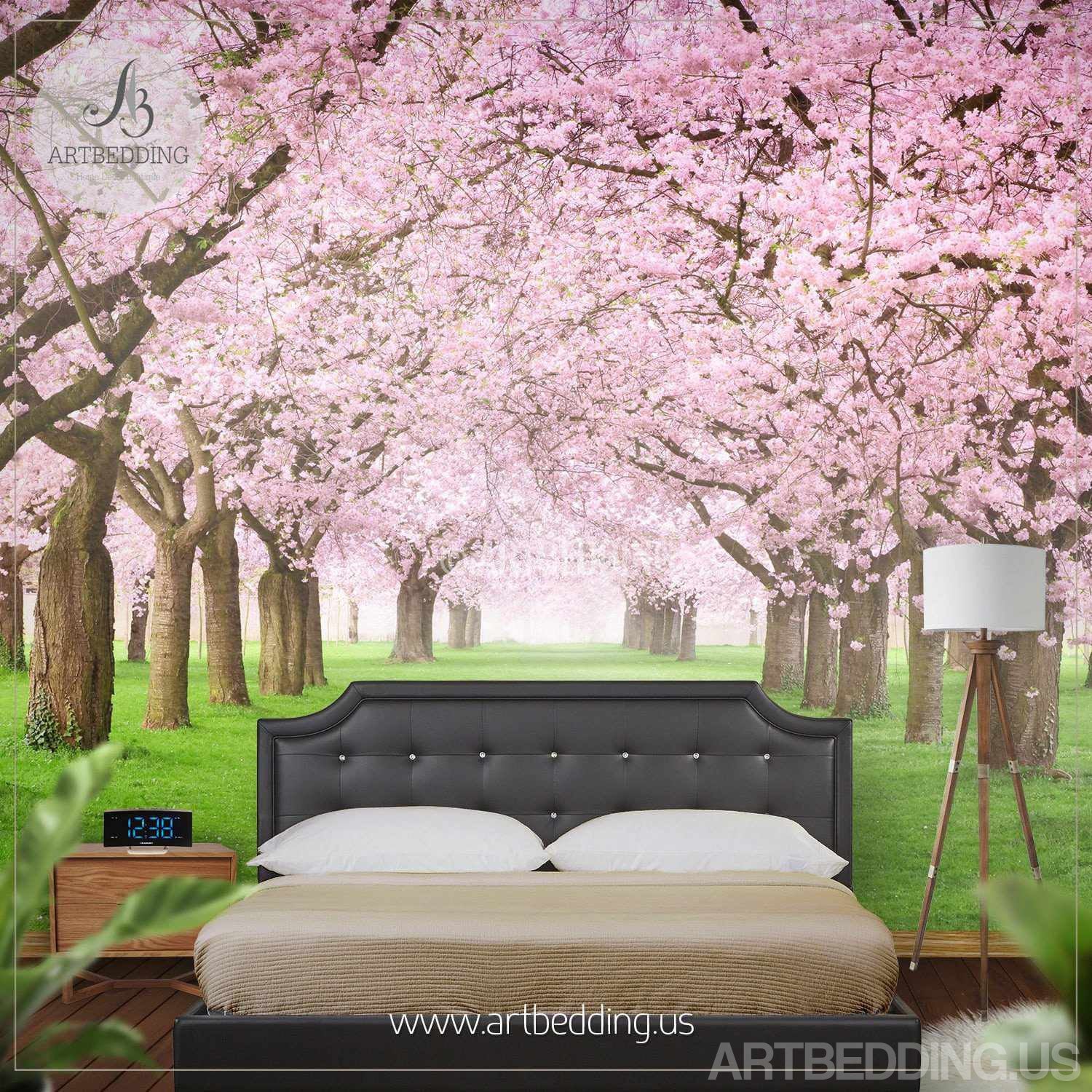 Nature Wall Mural Chery blossom Pathway on a green lawn , Cherry blossom mural - ARTBEDDING