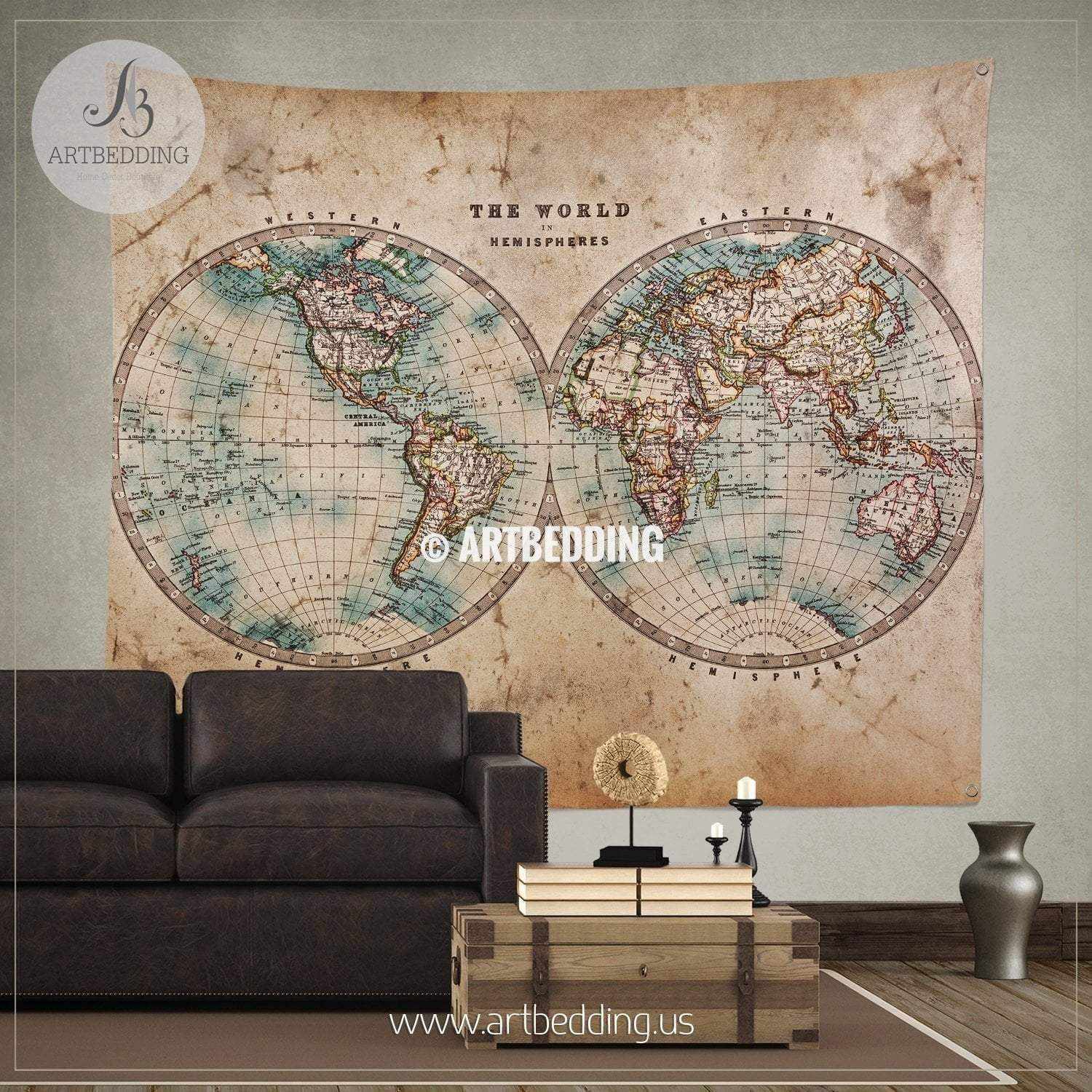 Vintage World Map Wall Tapestry Vintage Interior World