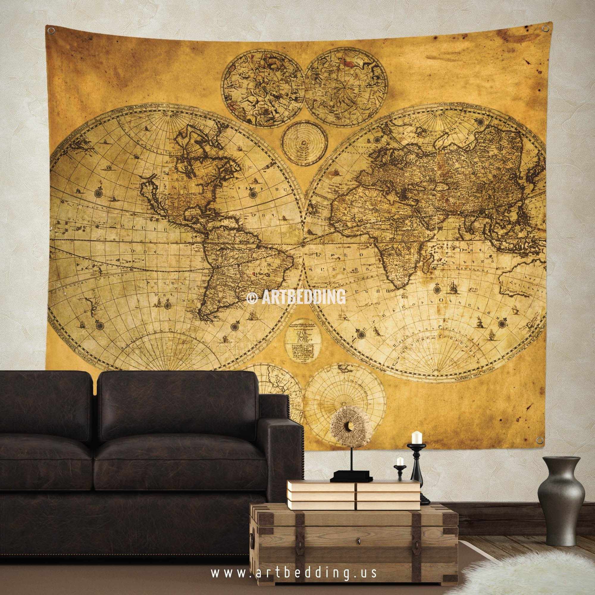Vintage World Map Wall Tapestry Vintage Interior World