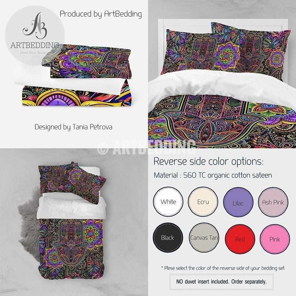 Rainbow hippie bedding, Hamsa hand Mandala bedding, Tropical amulet hi ...