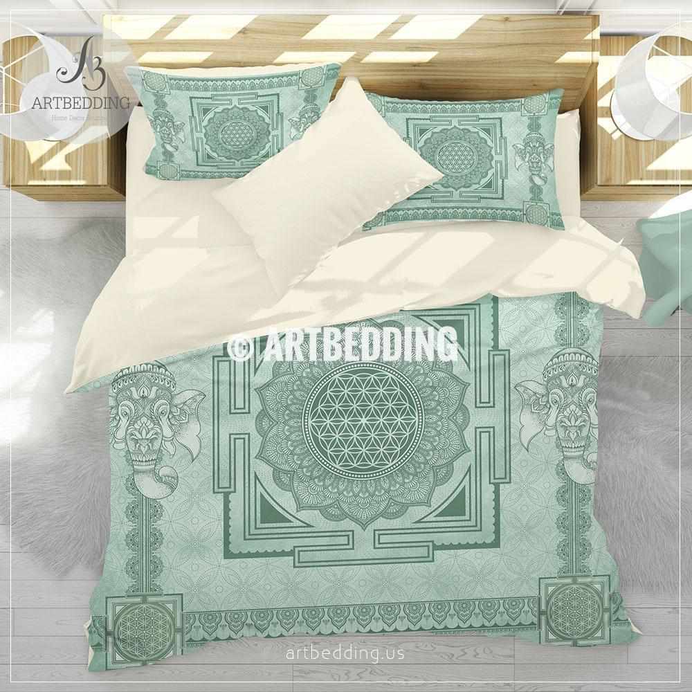 Sage Green Boho Bedding Sacred Yantra Talisman Seed Of Life Duvet