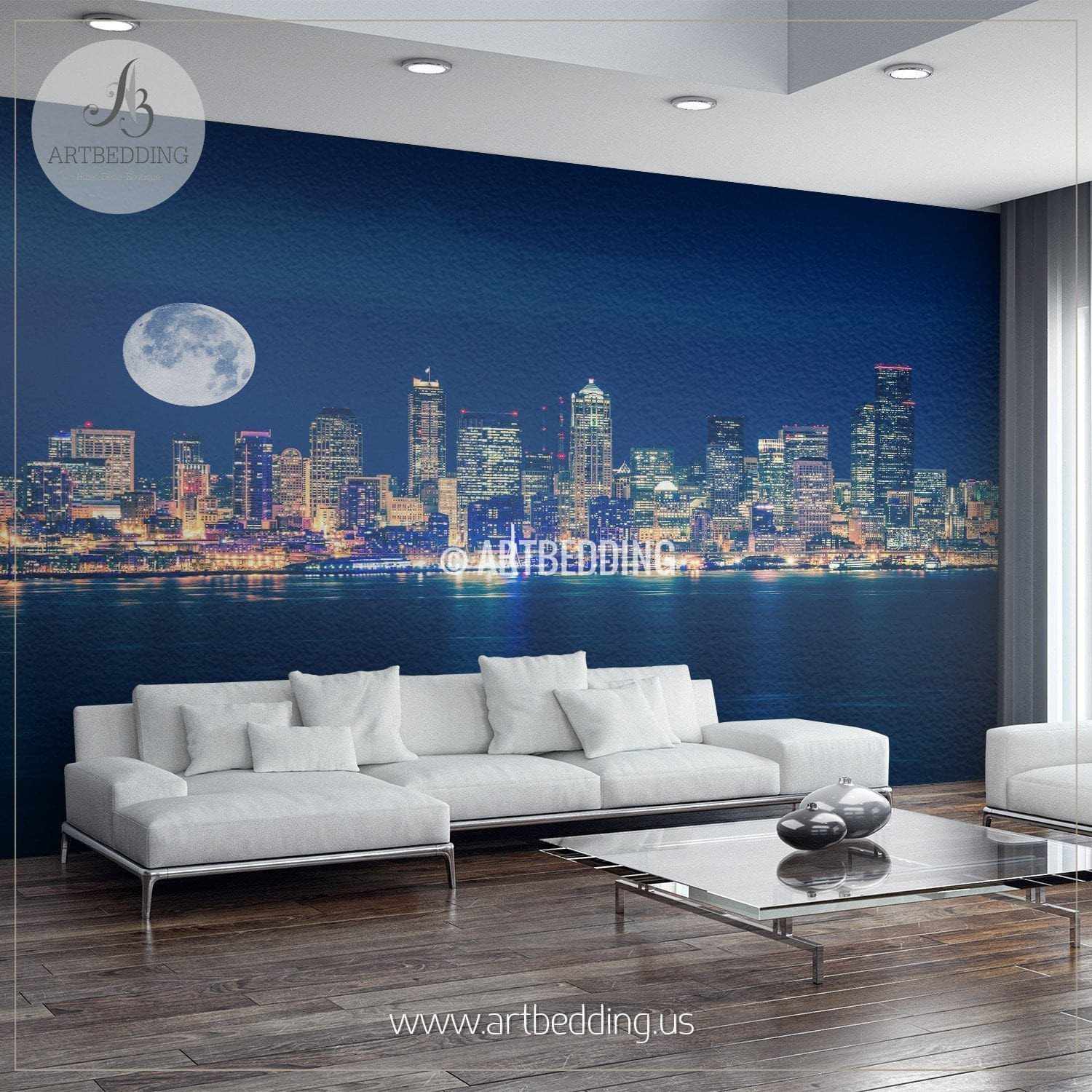 Seattle Night Skyline  Cityscape  Wall  Mural Seattle Photo 