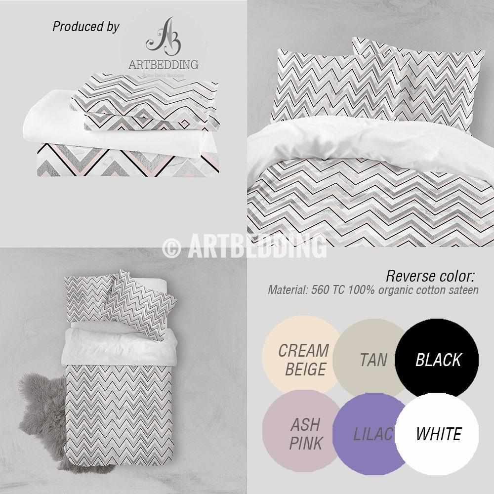 Silver And Pink Abstract Zigzag Geometry Duvet Cover White