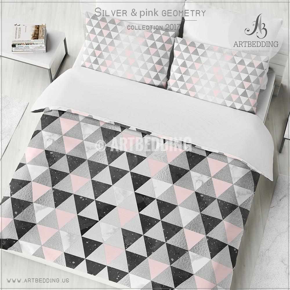 Silver Triangle Geometry Duvet Cover White Watercolor Black