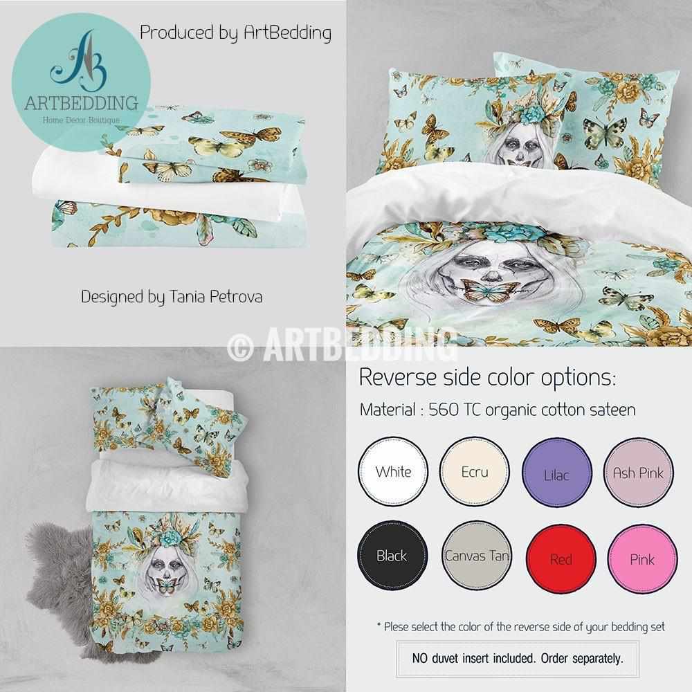 Skull Girl Art Bohemian Bedding Set Boho Hand Drawn Mint Green