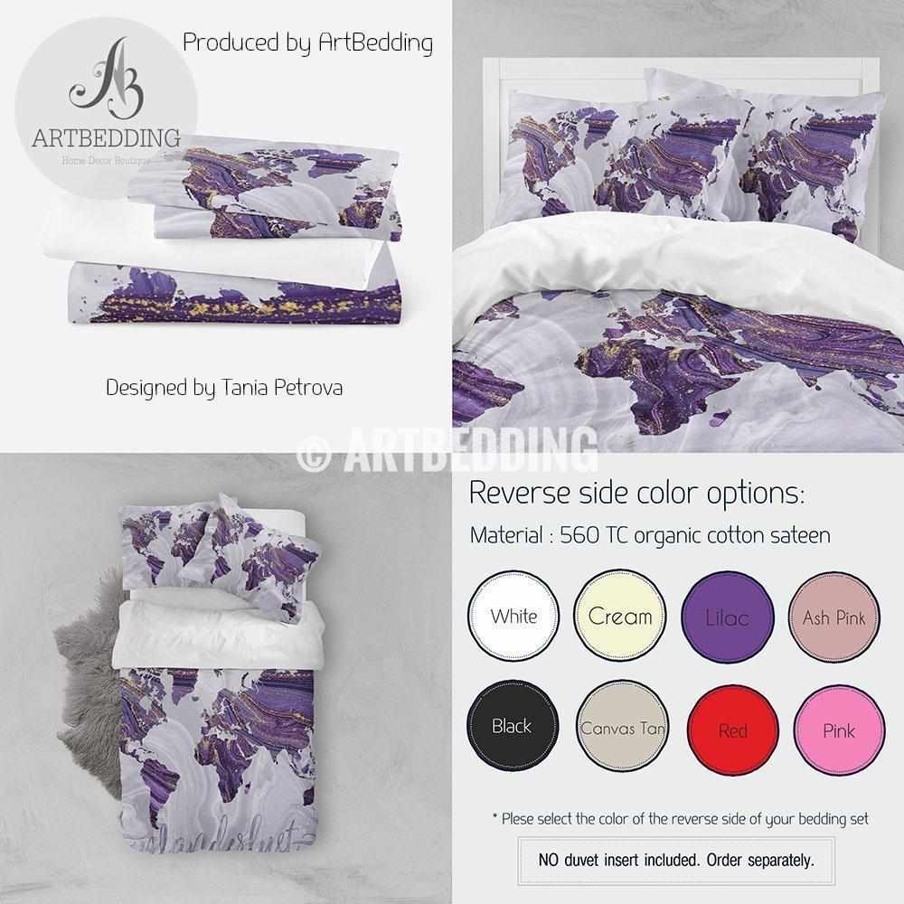 Marble map bedding, Violet, purple and gold marble map duvet cover set ...