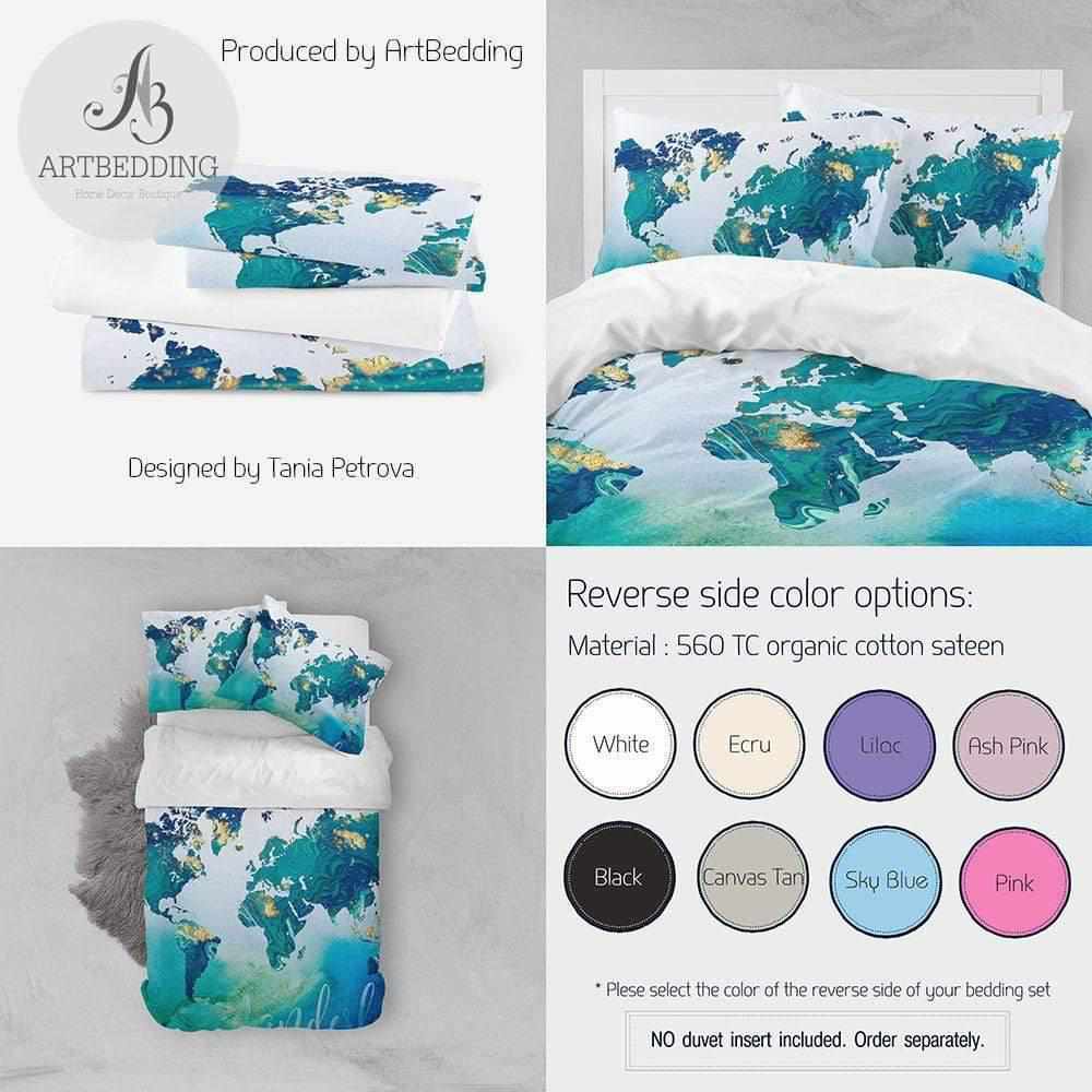 Travel map bedding, Boho blue and green marble world map duvet cover ...