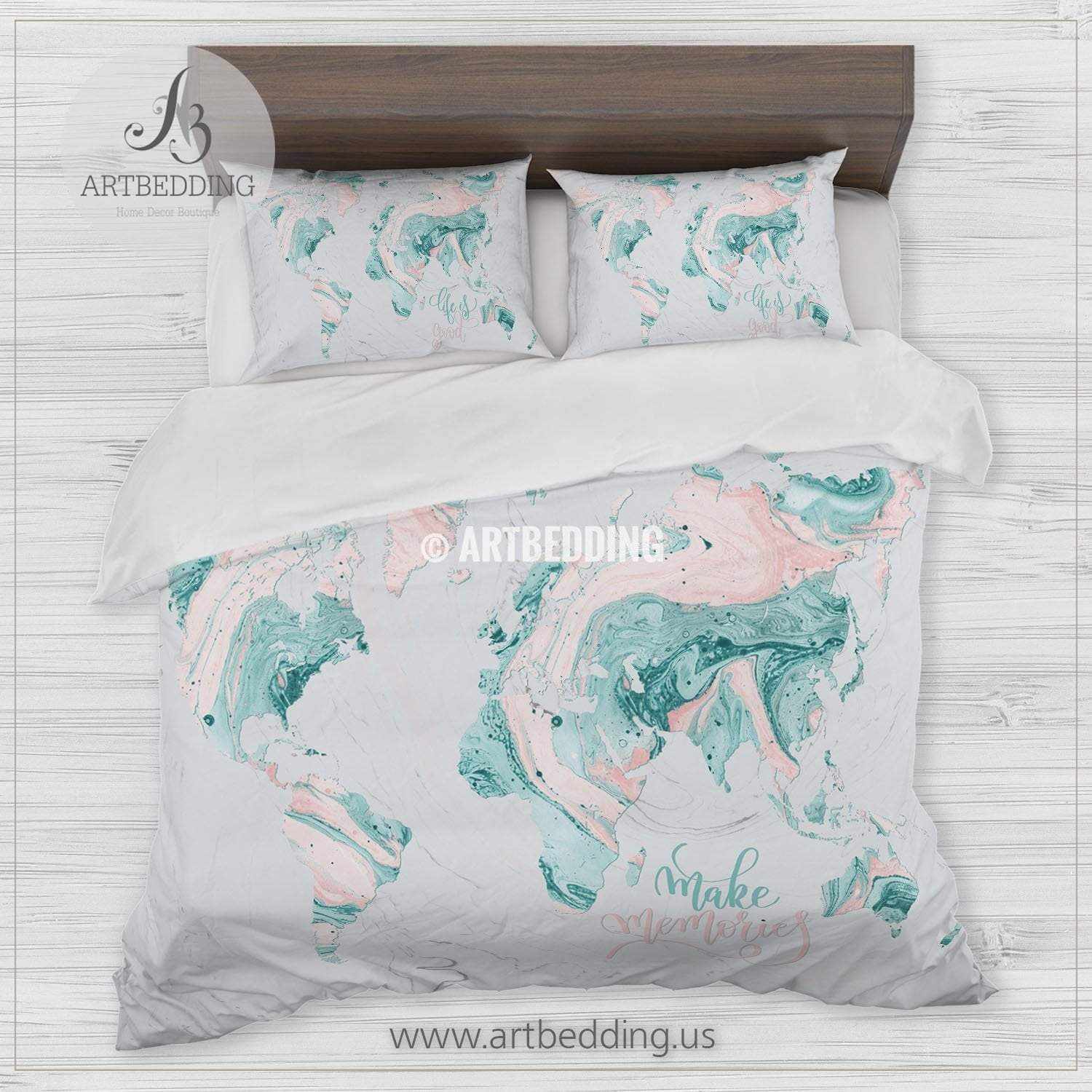 Marble Map Bedding Abstract Liquid Teal And Blush Pink Marble Map