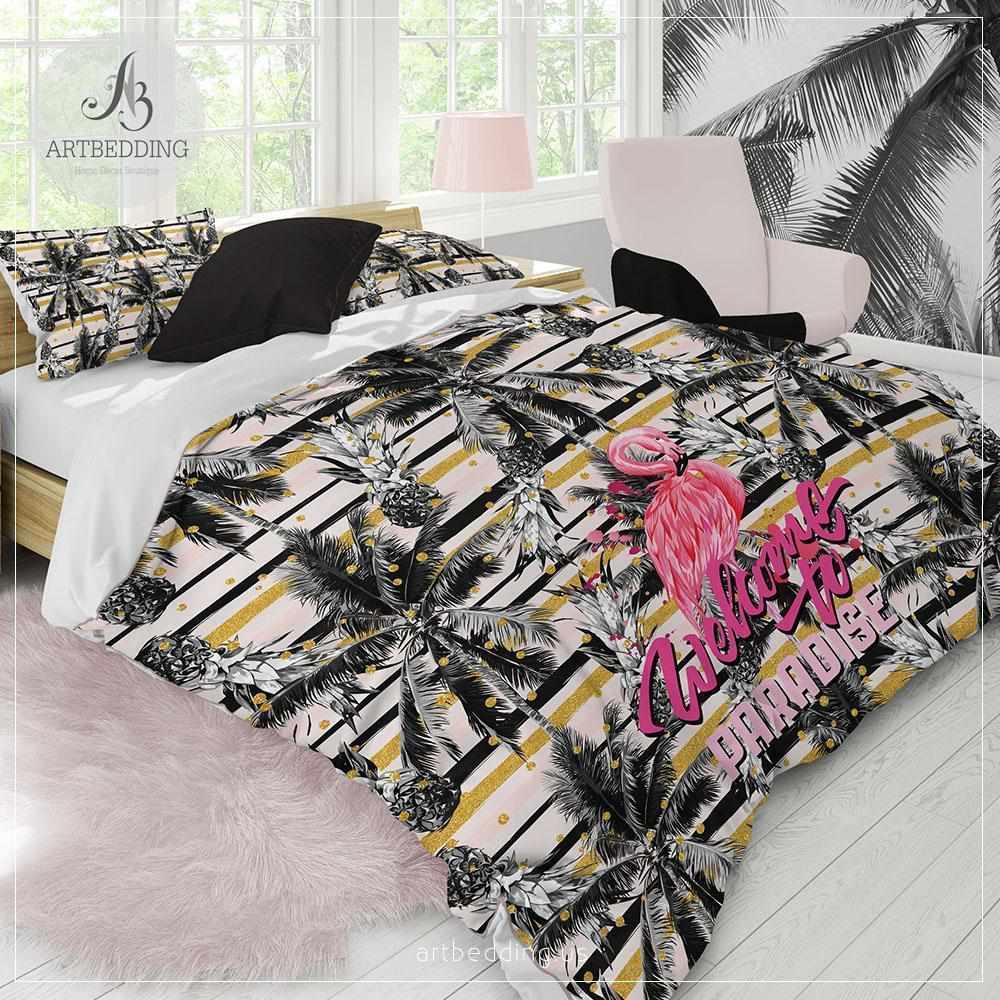 Flamingo And Palm Trees Bedding Black And Gold Pineapples Bedroom