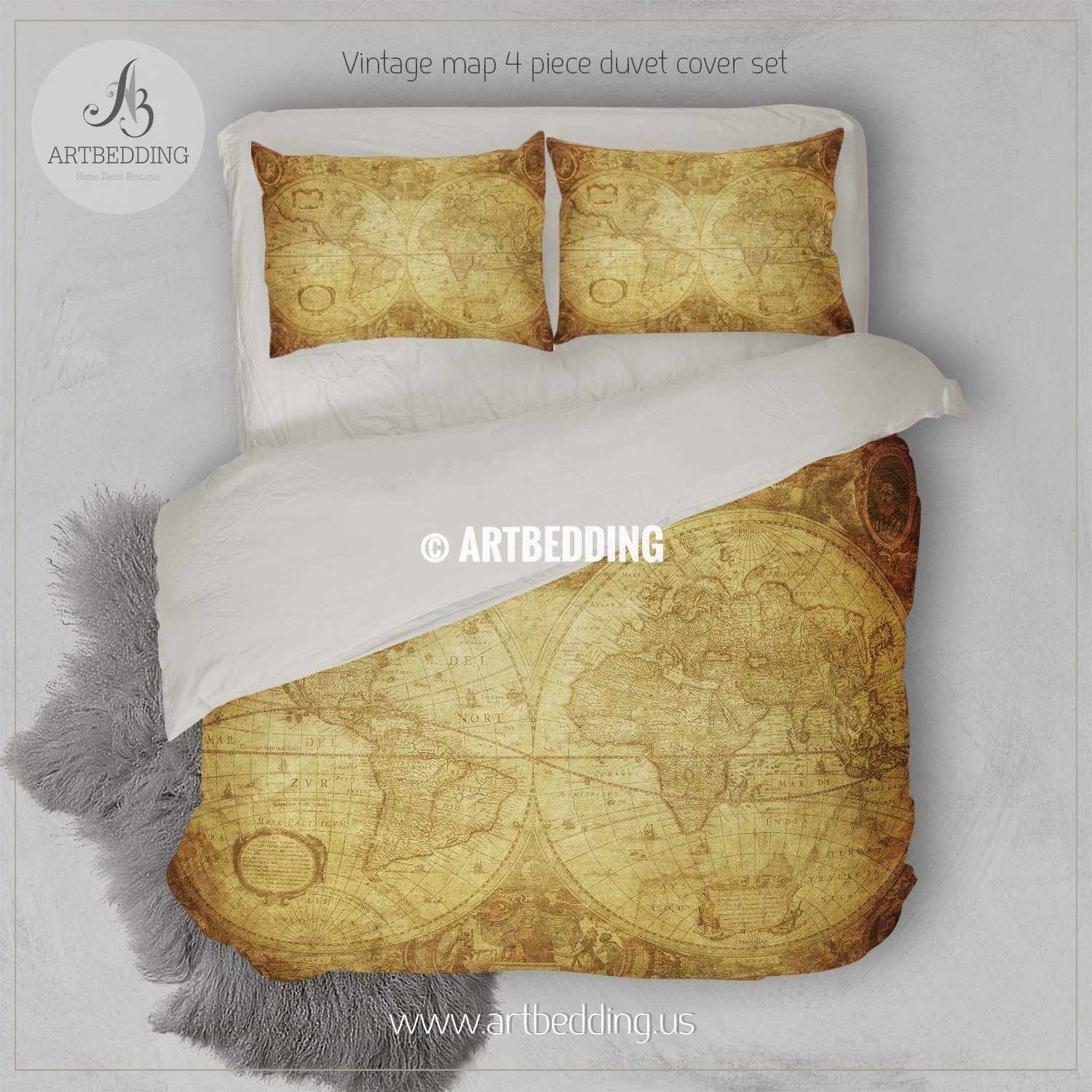 Twin Size Vintage World Map Bedding Vintage Old Map Duvet Cover