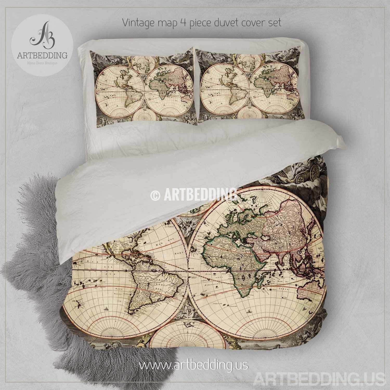 Vintage World Map Bedding Antique 1690 Old Map Duvet Cover Set