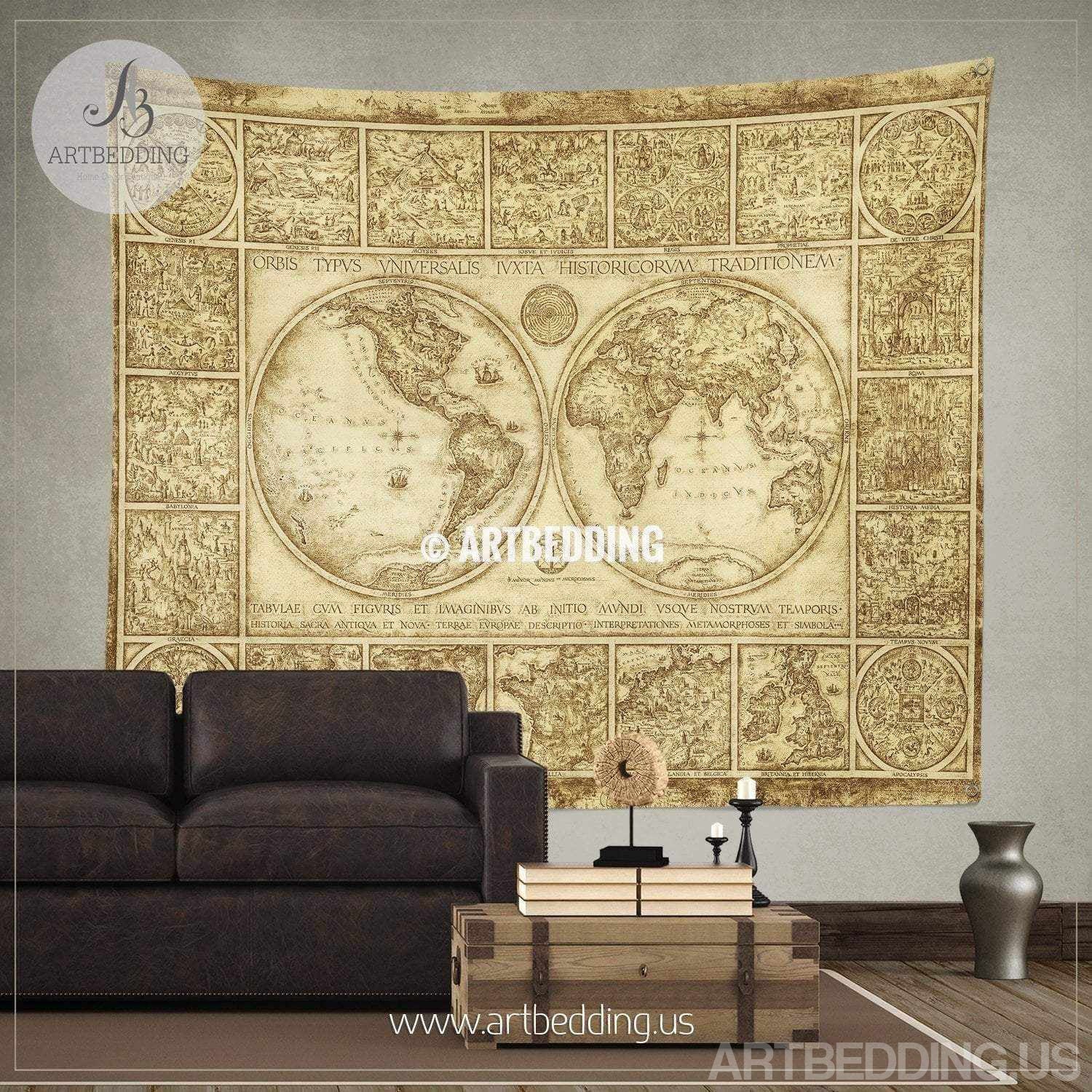 Vintage World Map Wall Tapestry Old World Map Wall Hanging Artbedding 0250
