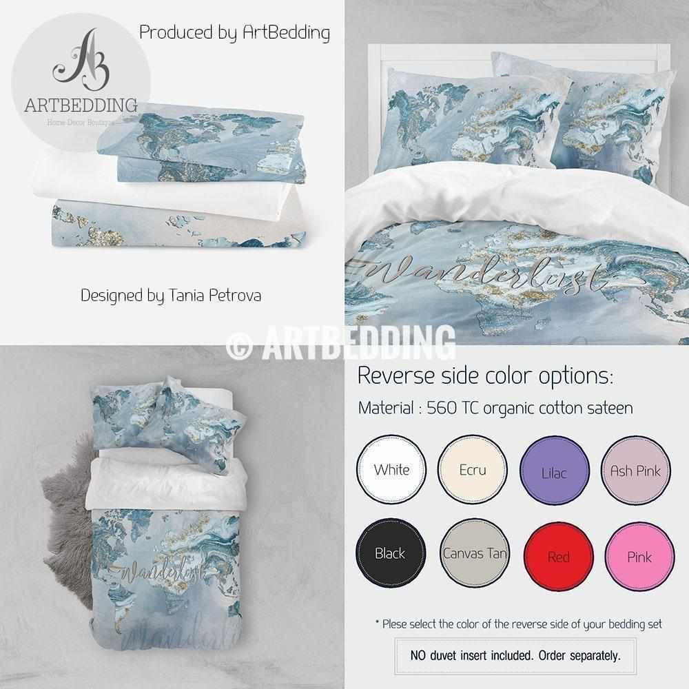 Wanderlust Blue And Gold Marble Summer Vibes World Map Bedding