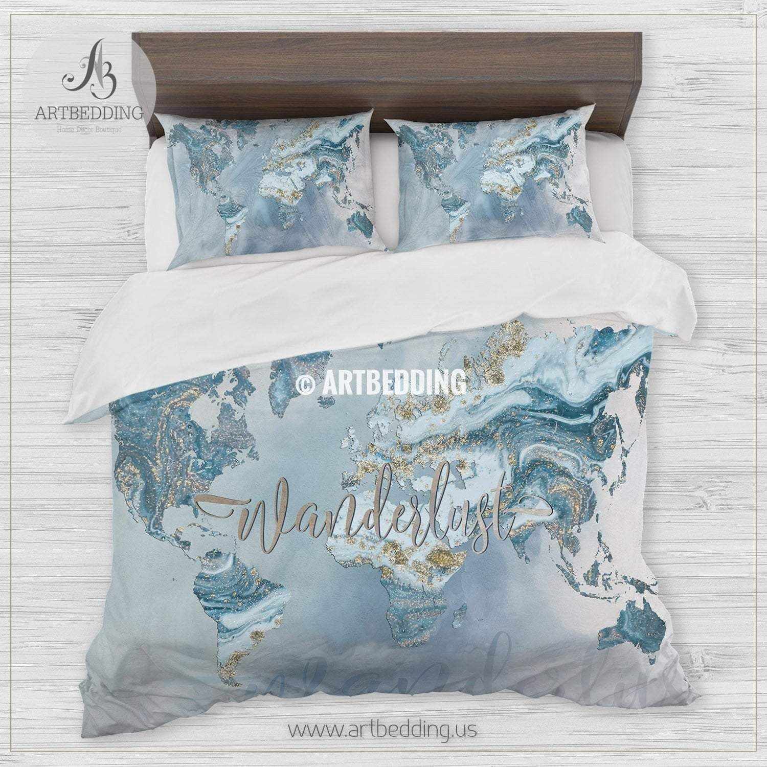 Wanderlust Blue And Gold Marble Summer Vibes World Map Bedding