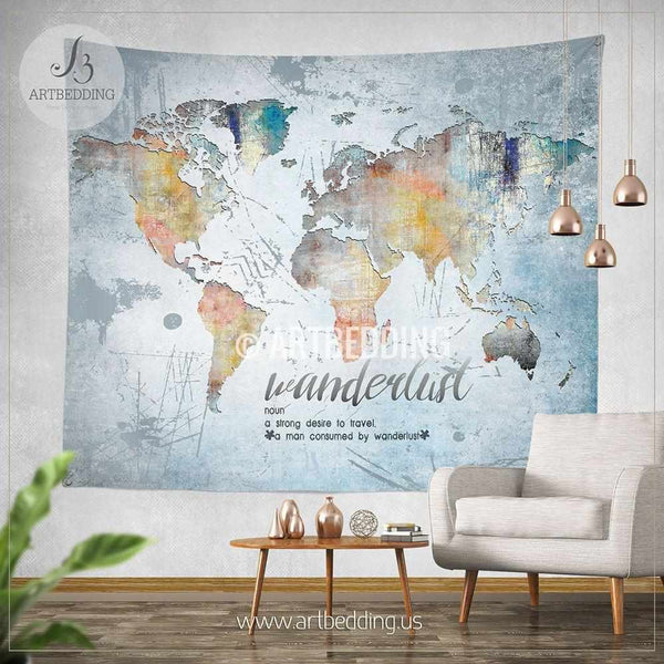 Wanderlust Quote Wall Tapestry World Map Watercolor Wall