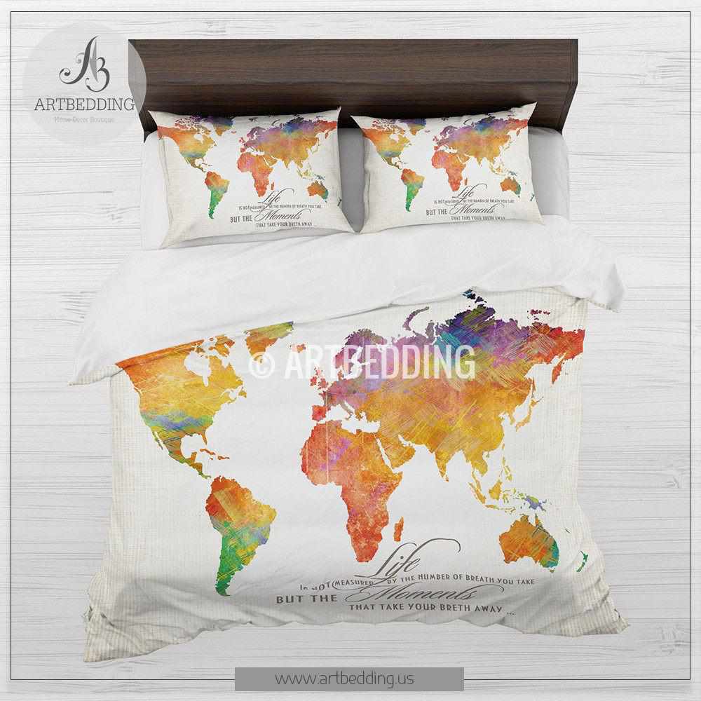 Watercolor world map bedding, Watercolor art print duvet