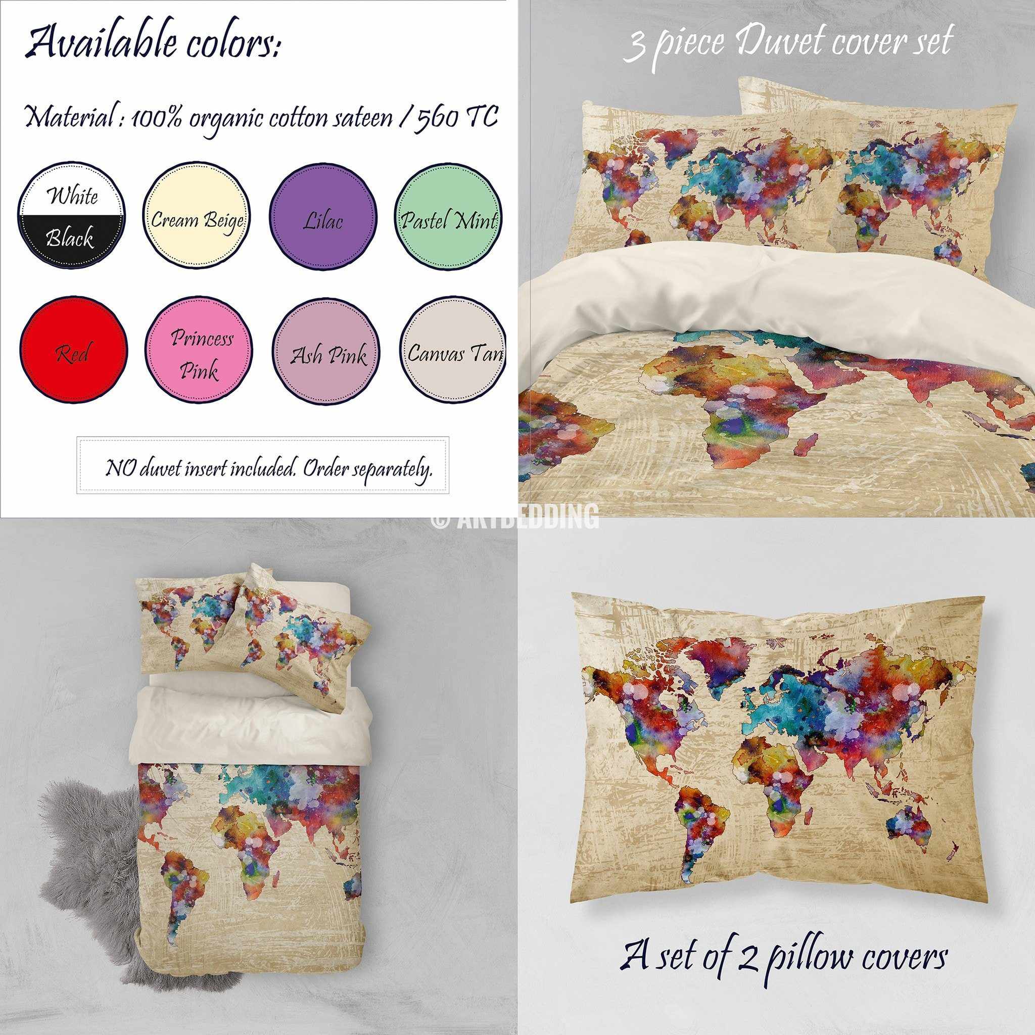 Watercolor World Map Bedding Boho Chic Watercolor Duvet Cover Set