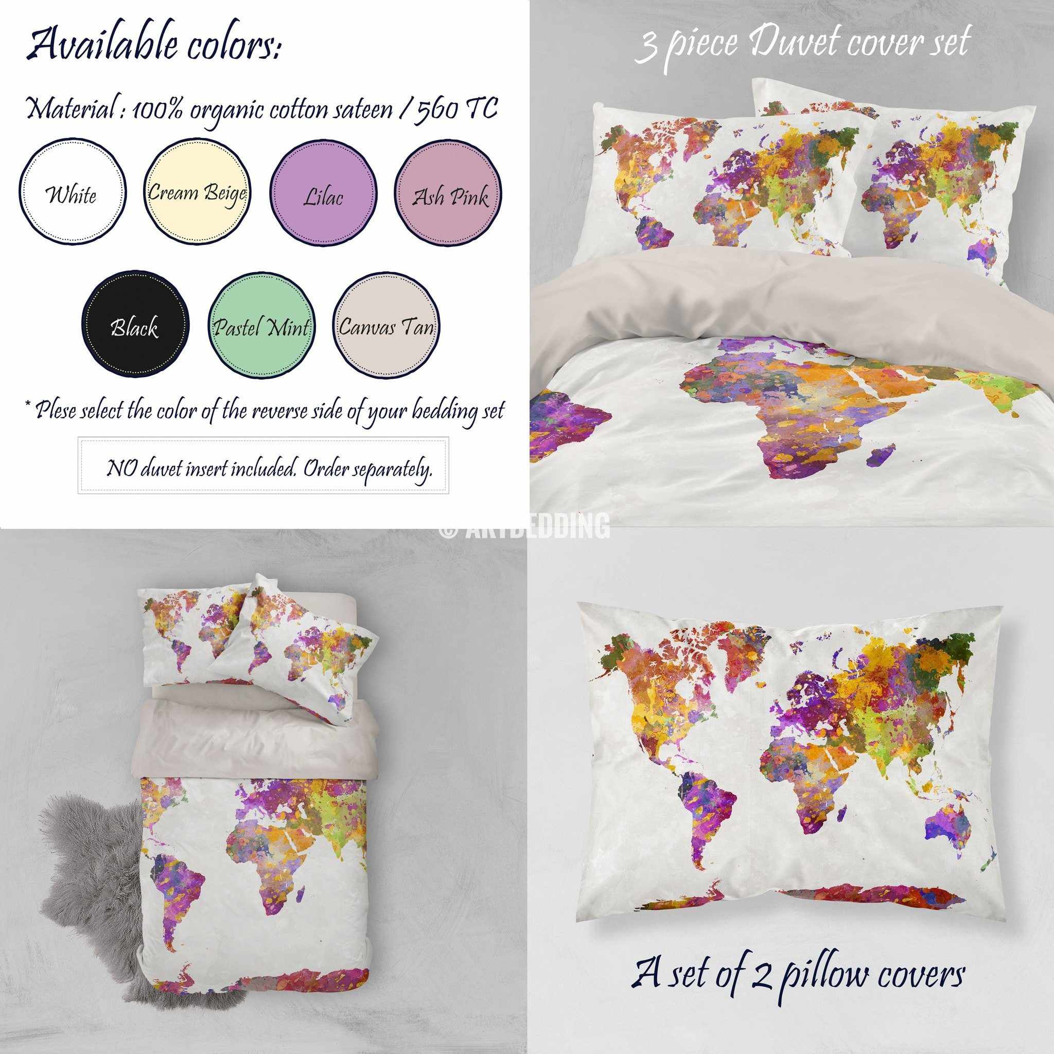 Watercolor World Map Bedding Watercolor Art Print Duvet Cover Set