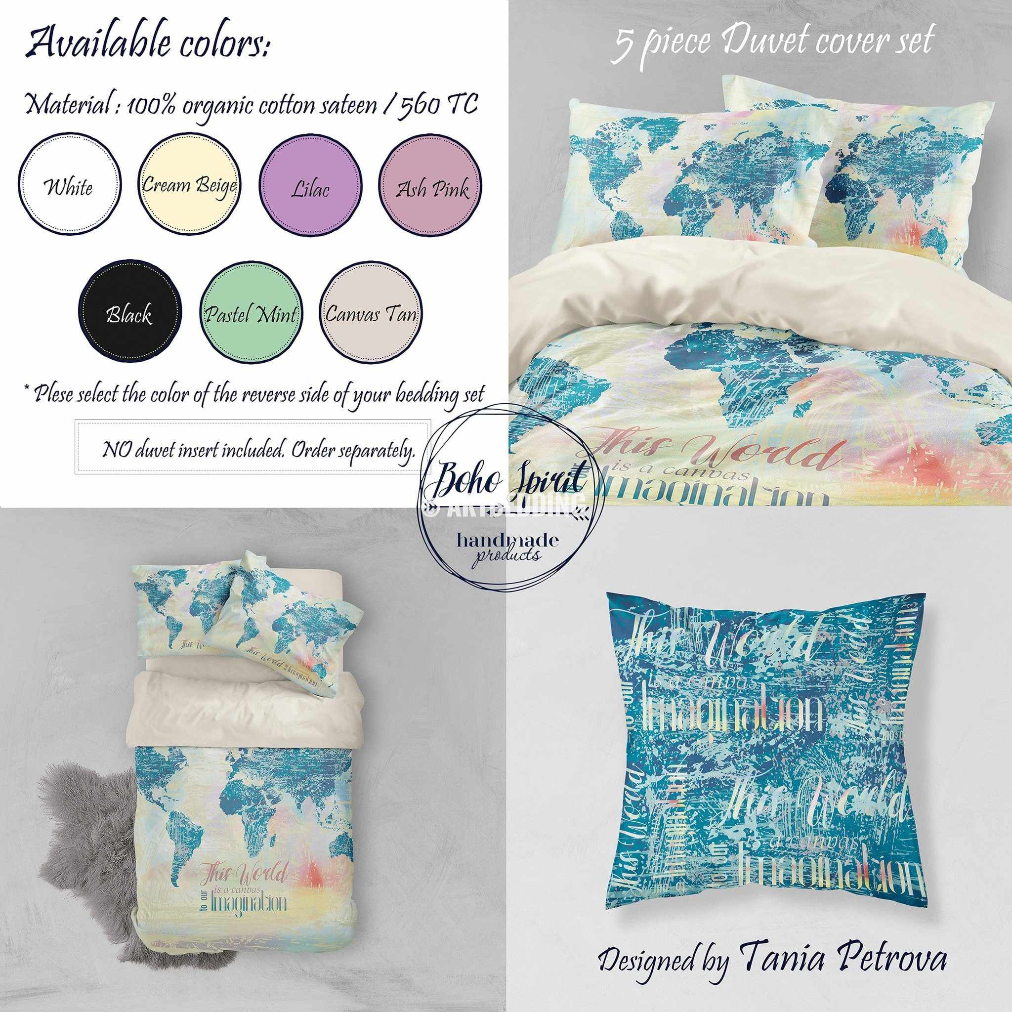 Boho World Map Bedding Watercolor Quote Duvet Cover Set Modern