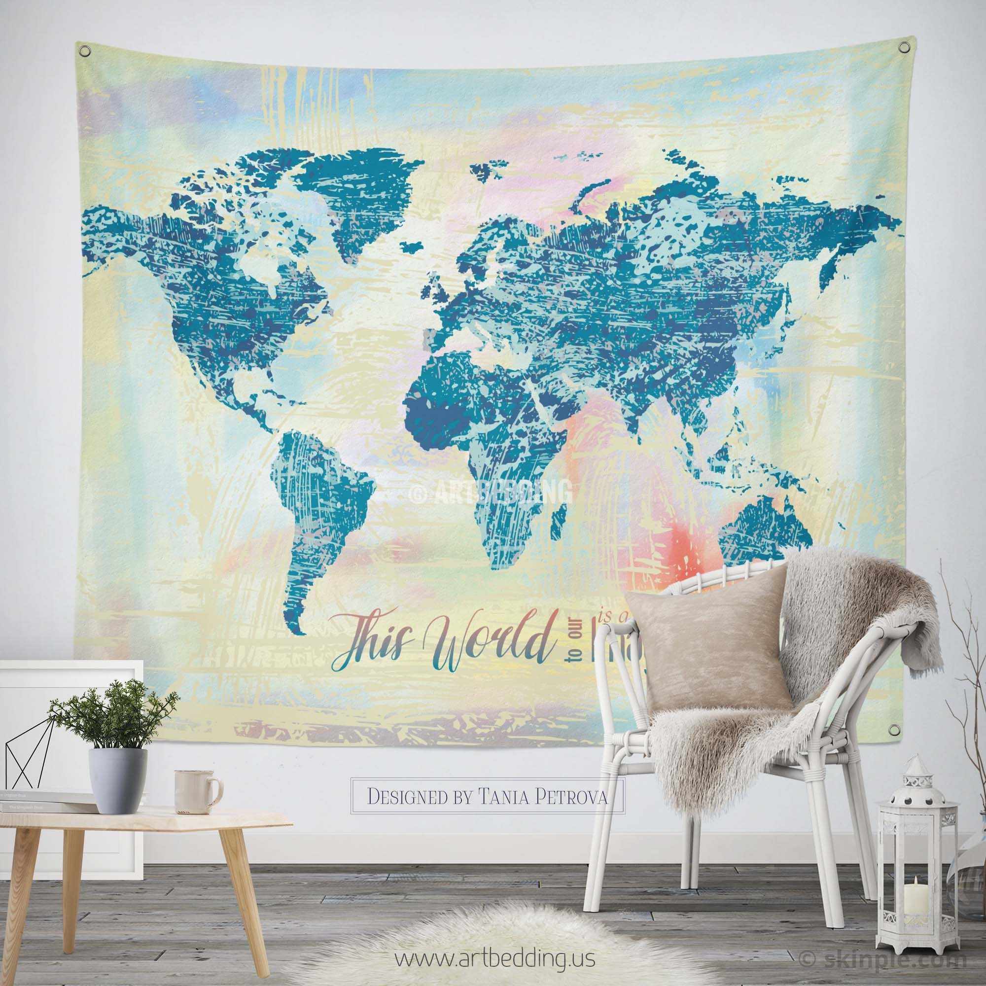 Watercolor World Map Wall Tapestry Grunge World Map Wall