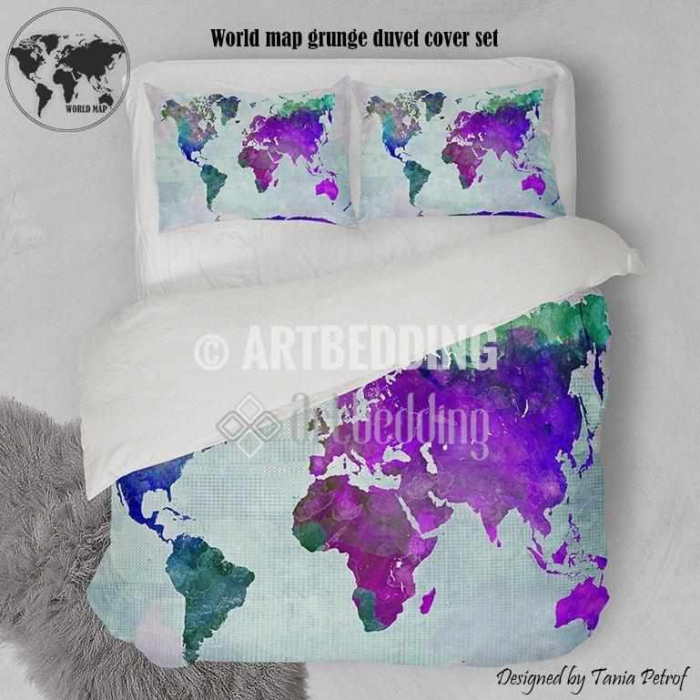 World Map Watercolor Bedding Watercolor Map Duvet Cover Set Boho