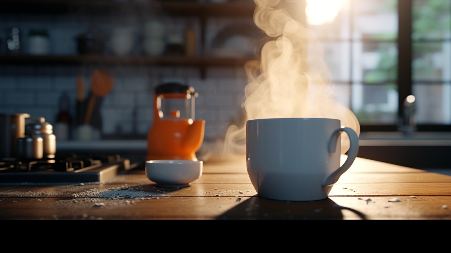 a steaming cup of hot coffee in a modern kitchen
