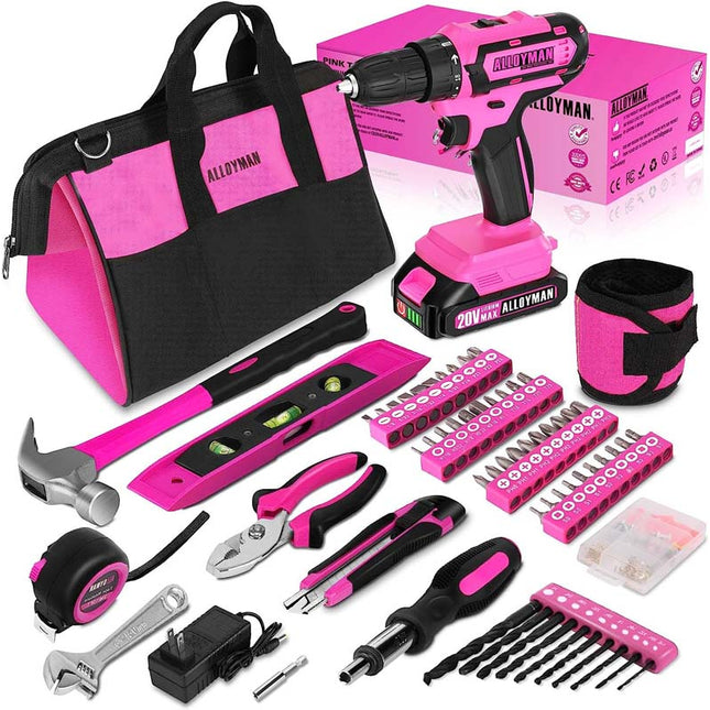 Alloyman 3/8 Inches Pink Drill Set for Women 135 Pcs Cordless Drill To