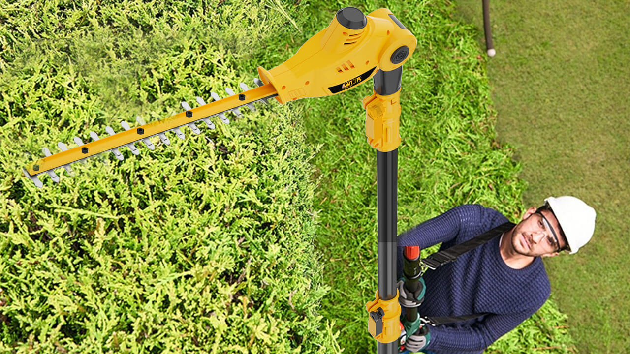 Gardener pruning high hedge