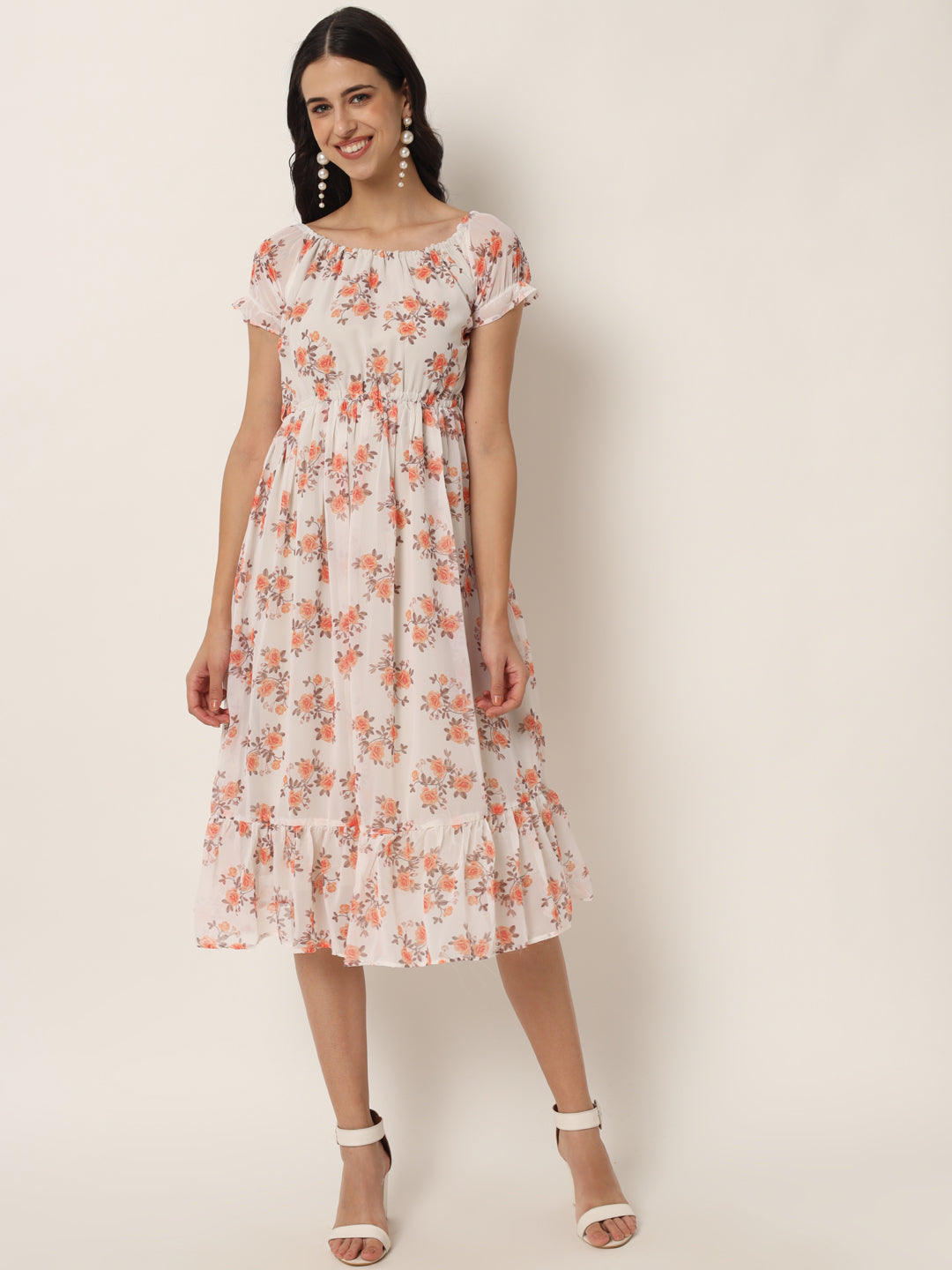 Peach Floral Printed Georgette Tiered Midi Dress | EST-GJ-935 | Cilory.com