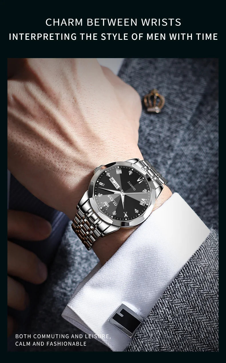 OLEVS Men's Watches Causal Fashion Original Quartz Watch for Man Waterproof Stainless Steel Luminous Date Week Trend Dress Reloj