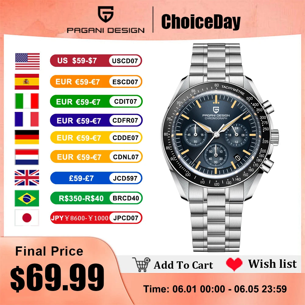 PAGANI DESIGN 2025 New Moon Men's Watches Luxury Quartz Watch For Men VK63 Chronograph AR Sapphire Mirror Ceramic Bezel Luminous