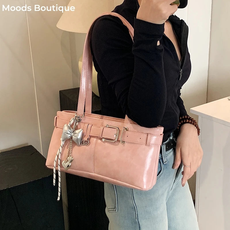 MOODS Belt Buckle Design Shoulder Satchels Bag For Women 2025 New In Luxury Designer Handbags Branded Fashion Totes With Pendant