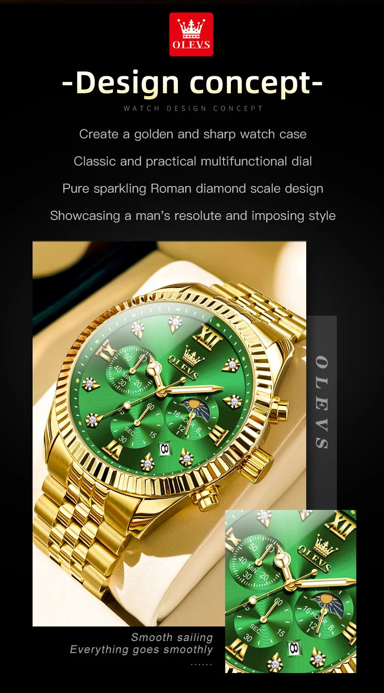 OLEVS Men's Watches Luxury Gold Original Quartz Watch for Man Waterproof Classic Commemorative Strap Moon Phase Chronograpgh