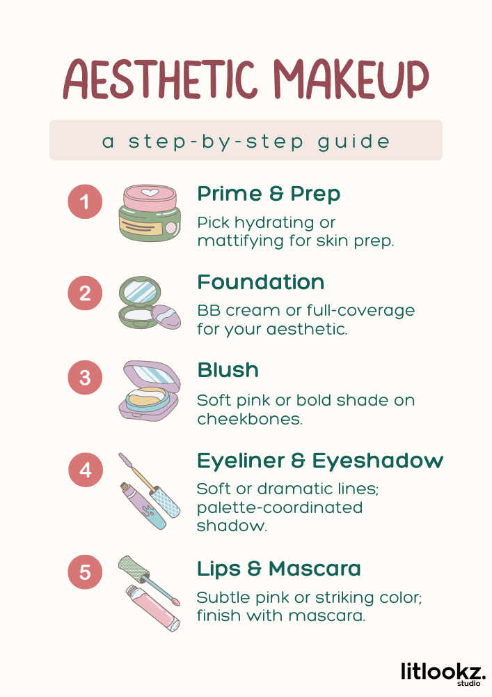 Infografía que detalla una rutina de maquillaje de 5 pasos para lograr el look de chica estético perfecto