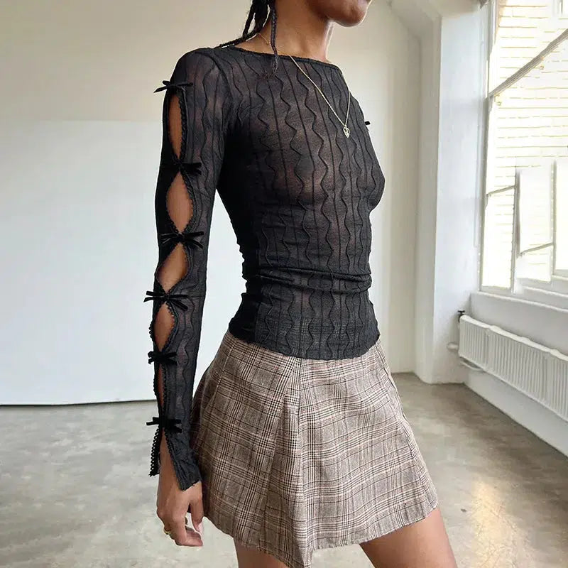 Nihsatin Fishnet Tops for Women Long Sleeve Fishnet Crop Top Clubwear See  Through Black at  Women's Clothing store