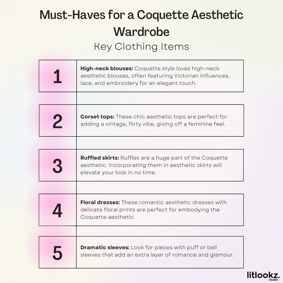 Essential coquette wardrobe items list featuring high-neck blouses, corset tops, ruffled skirts, floral dresses, and dramatic sleeves.