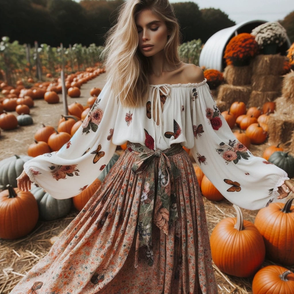 woman with Caucasian descent in a pumpkin patch wearing a Boho chic ensemble_ flowy skirt with floral prints, and a loose top