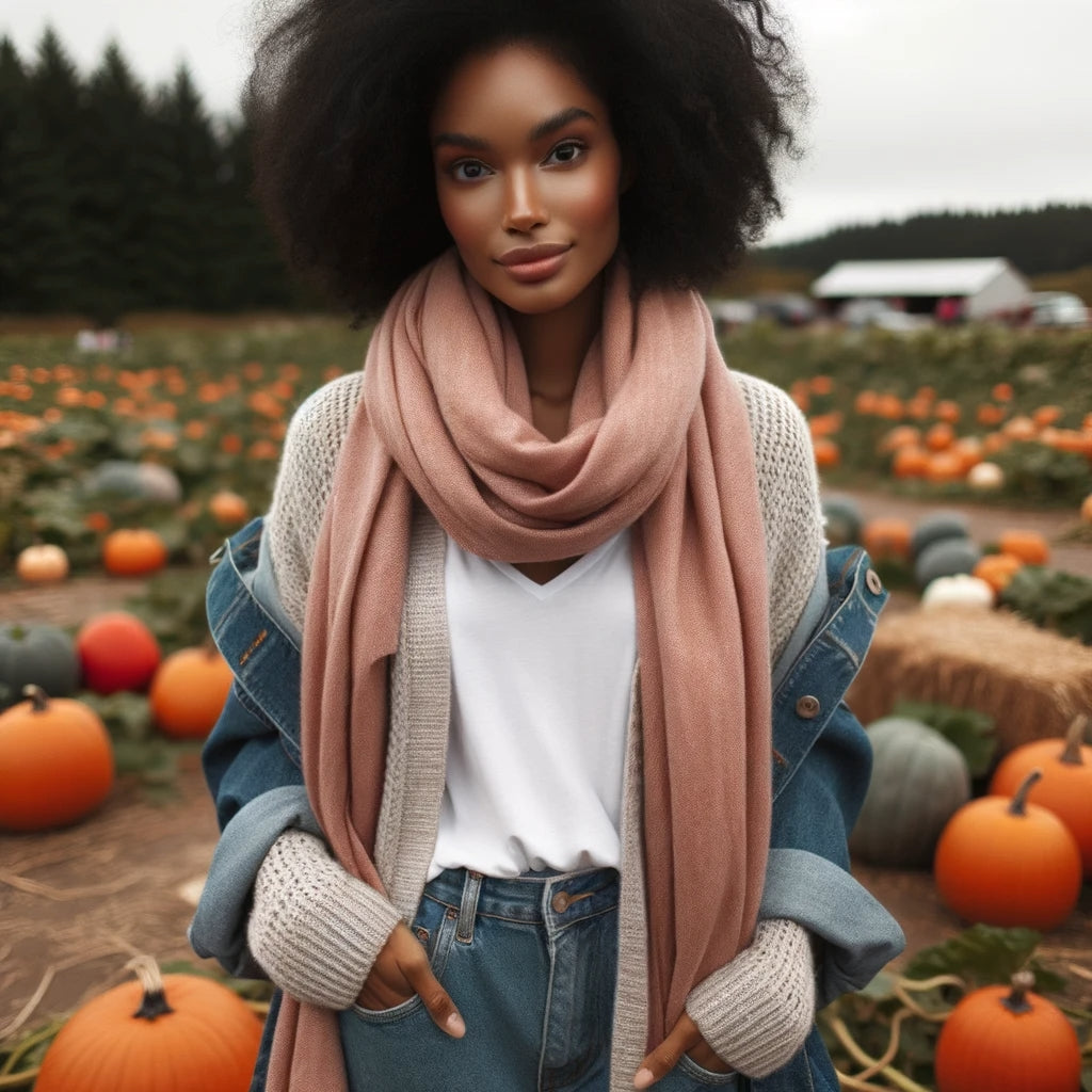 a woman with African descent in a pumpkin patch showcasing Layered Loveliness. She has a basic tee, cardigan, denim jacket, and a lightweight
