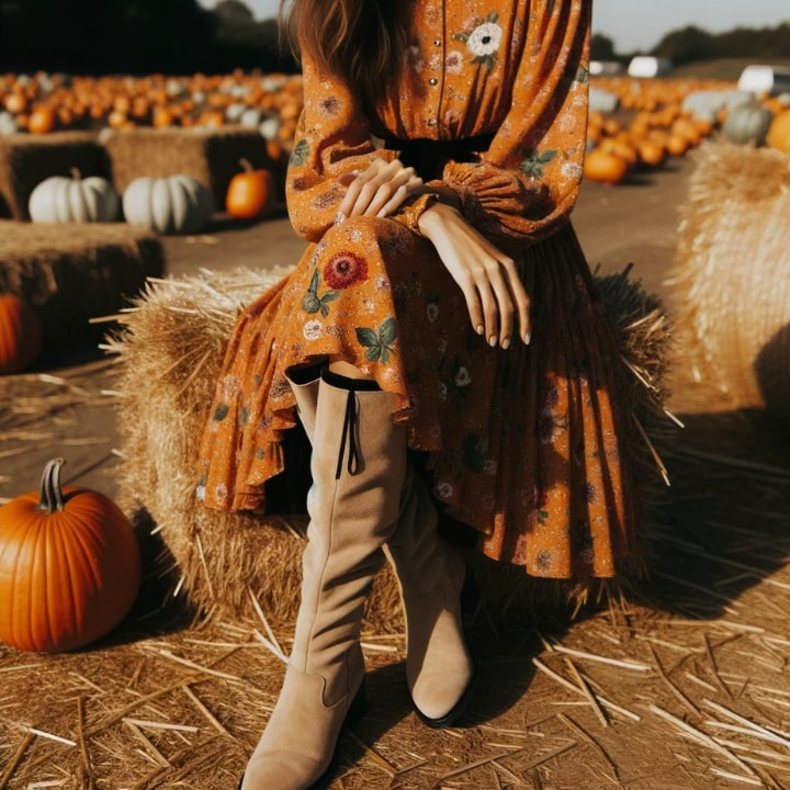 woman with Caucasian descent seated on a hay bale in a pumpkin patch, showcasing her autumn-colored dress and knee-high boots