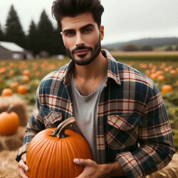 man at a pumpkin patch wearing Plaid Perfection. He's sporting a plaid shirt, combined with a simple tee