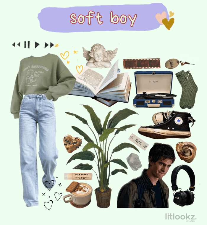 Complete collection of key items defining the soft boy aesthetic, from fashion accessories to signature attire