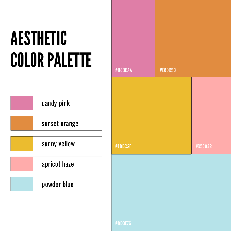 Paleta de colores estética y códigos hexadecimales.