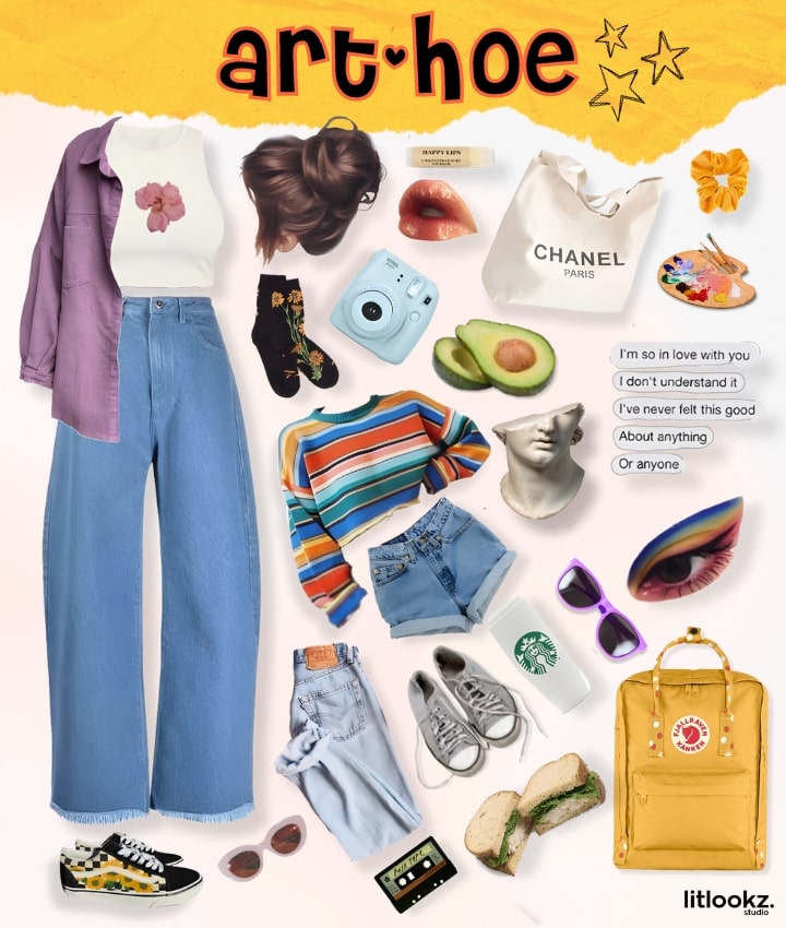 Das Bild ist ein Moodboard für die „Art Hoe“-Ästhetik und zeigt wahrscheinlich einen kreativen und ausdrucksstarken Modestil mit Artikeln wie bunt gemusterter Kleidung, künstlerischen Accessoires und vielleicht Elementen von DIY-Mode, die alle einen künstlerischen und individuellen Geist widerspiegeln