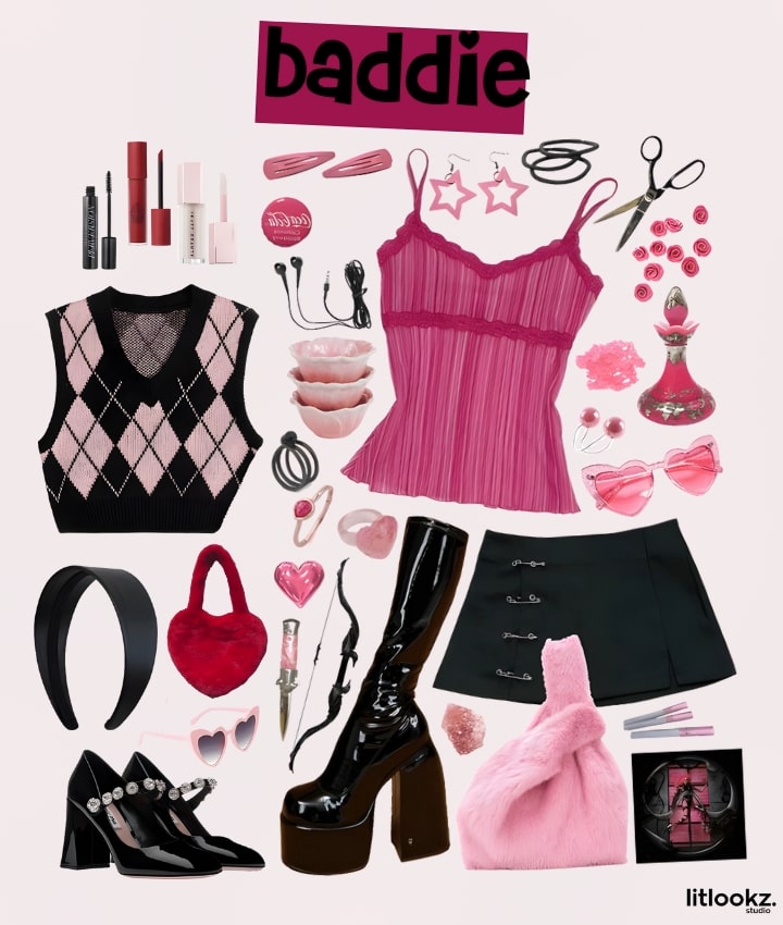 baddie aesthetic essential clothes, accessories, and make up stuff such as a pink blouse, platform shoes, a black mini skirt, pink hear glasses